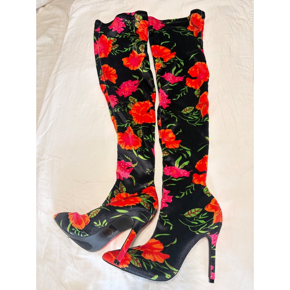 Cape Robbin Lexi-3 Floral Over The Knee Stiletto Boots Black Orange Pink 6.5M
